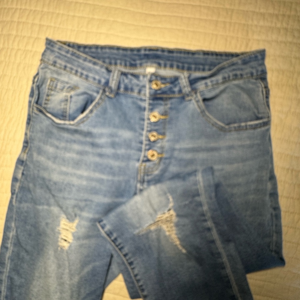 Zara Medium Blue High-Rise Button-Fly Distressed Jeans